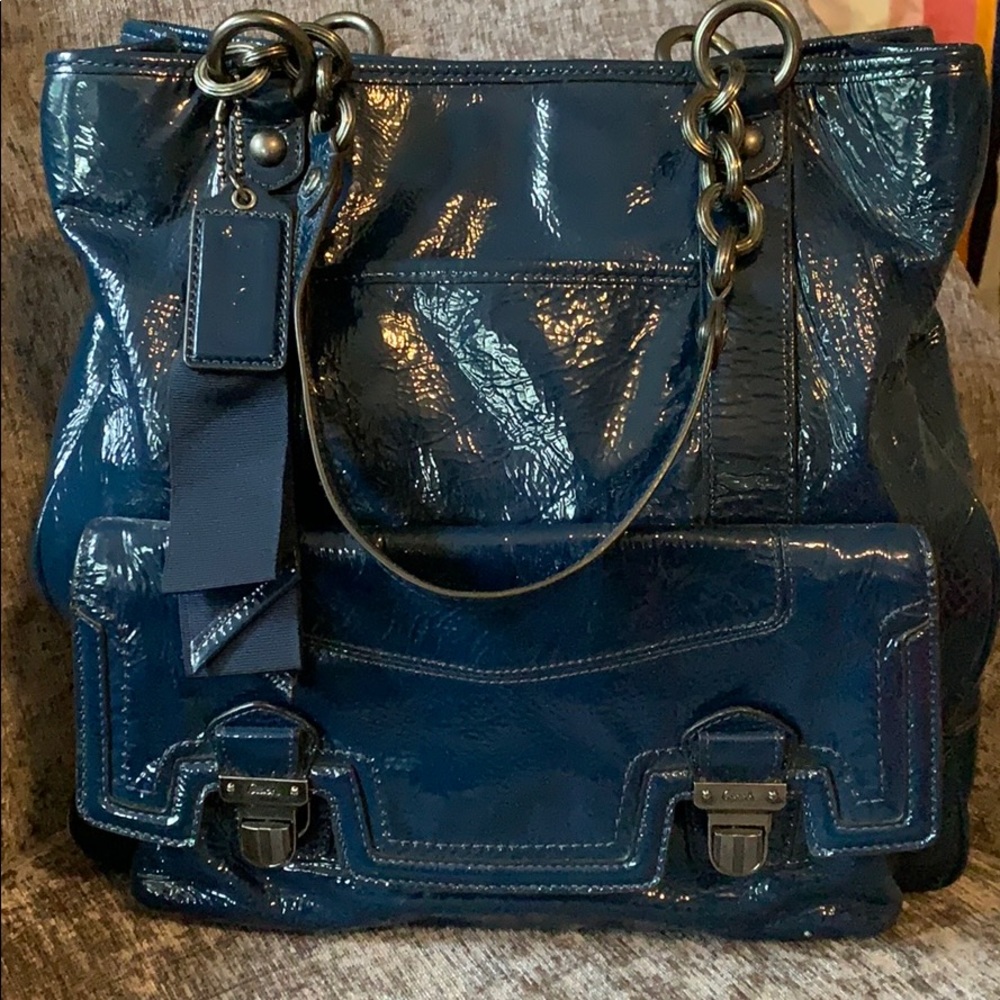 COACH Navy Patent Leather Tote